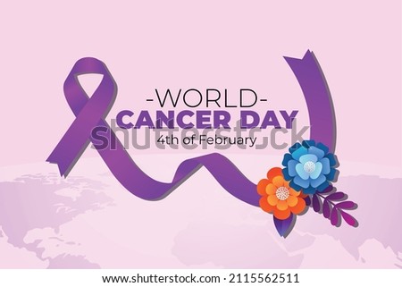 World Cancer Day Vector illustration with awareness ribbon and flowers on world map