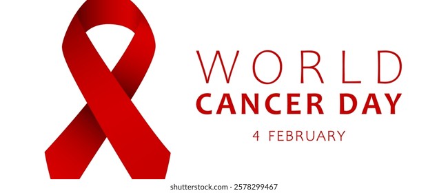 World Cancer Day, vector web banner design. Text World Cancer Day, 4 february and red ribbon on white background.