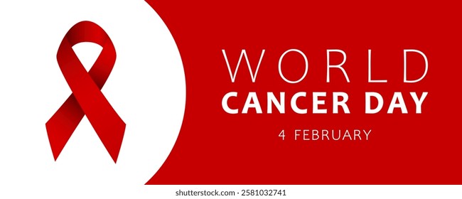 World Cancer Day, vector web banner design. Text World Cancer Day, 4 february and red ribbon on white and red background.