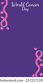 World cancer day vertical background. Purple color cancer day banner with ribbon, love and flowers. Place for text. Vector illustration in flat design style