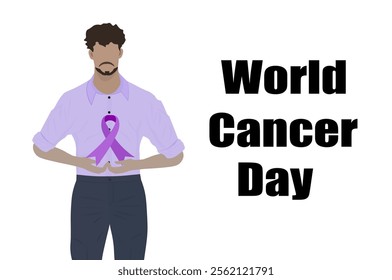 World cancer day. Young African American a man holds a purple ribbon in his hands in support world cancer day. Vector illustration. Not AI generated