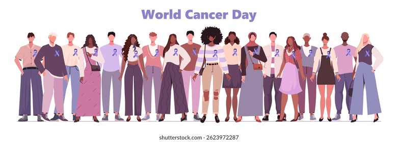 World Cancer Day. Young group of people with a purple ribbons. Health awareness vector template for banner, card, poster, flyer, brochure, presentation, social media, background. Not AI generated
