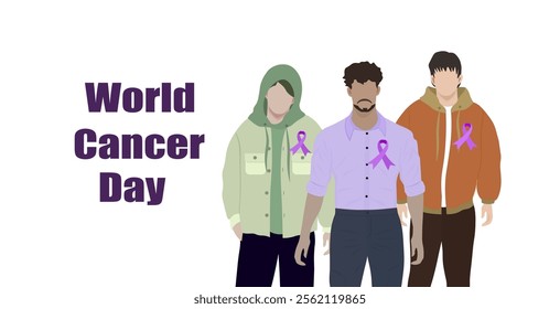 World Cancer Day. Young men with purple ribbons. Concept of awareness. Modern design suitable for poster, for card, flyer, website, app. Vector illustration. Not AI generated