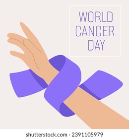 World Cancer Day.Hand with purple ribbon.Cancer awareness ribbon