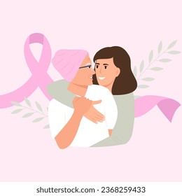 World cancer day.Happy woman embracing old mother.Breast Cancer awareness month concept of support and solidarity with women fighting oncological disease. Vector illustration