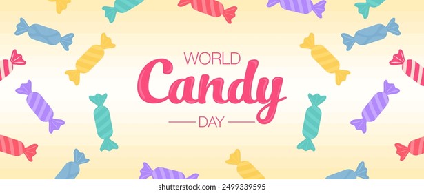 World Candy Day. October 18. Various delicious candies in different color for poster, greeting card, flyer and banner. Sweet candy collection for national celebration. Colored flat vector illustration