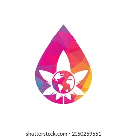 icono del logotipo del vector de forma de gota de cannabis mundial. plantilla de diseño del logo del mundo del cannabis para la compañía de marihuana.