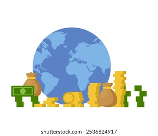 World capital, world money, all money, planet, world economy. Vector simple color flat illustration.