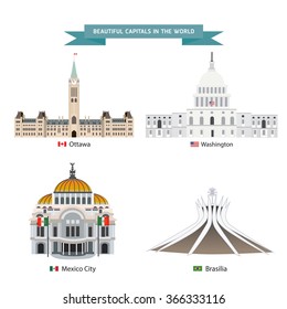 World capitals cities buildings attraction vector illustration