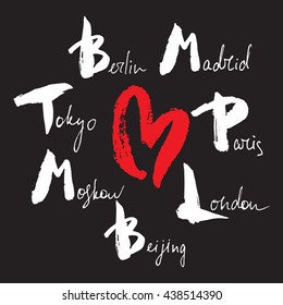 World capitals lettering with heart on black background. Grunge style hand drawn calligraphy inscription for banner, t-shirt, clothes, postcard, poster, brand, logotype, identity. Vector illustration.