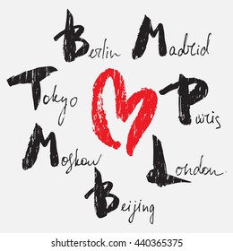 World capitals lettering with heart on white background. Grunge style hand drawn calligraphy inscription for banner, t-shirt, clothes, postcard, poster, brand, logotype, identity. Vector illustration.