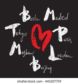 World capitals lettering with heart on black background. Grunge style hand drawn calligraphy inscription for banner, t-shirt, clothes, postcard, poster, brand, logotype, identity. Vector illustration.