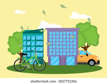 world car free banner with bike, buildings and car