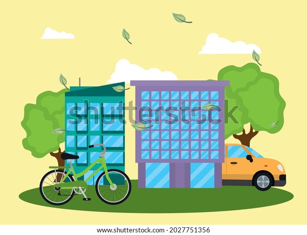 world car\
free banner with bike, buildings and\
car