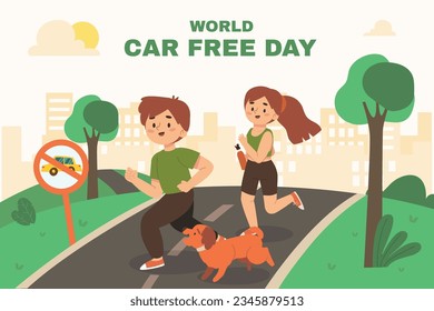 fondo del día mundial libre de automóviles. celebración mundial del día libre de automóviles. 22 de septiembre. Campaña mundial de sensibilización sobre el día libre de automóviles. Ilustración vectorial. Afiche, cartel, tarjeta, publicación en medios sociales. caminar o montar en bicicleta.