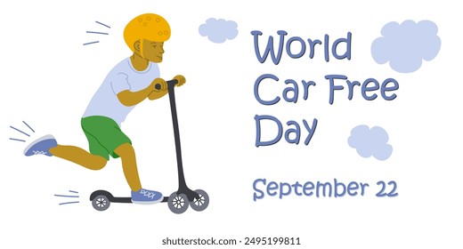 World car free day banner with young man driving scooter. Vector flat hand drawn illustration. Template for background, banner, card, poster with text inscription