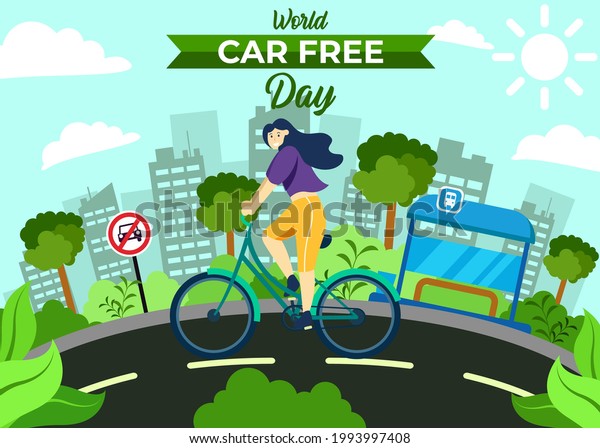 World Car Free Day. Campaign to reduce the\
use of cars to reduce the pollution of the world. Campaign to park\
and walk or use non-polluting vehicles such as bicycles. Flat\
Vector Illustration