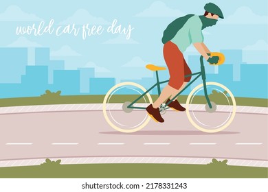 world car free day card with man in bike