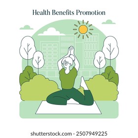 World Car Free Day concept. Urban citizen enjoying a peaceful yoga session in a car-free cityscape to stress benefits. Vector illustration.