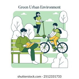World Car Free Day concept. People enjoy eco-friendly transportation in a park setting, promoting a sustainable and healthy urban lifestyle. Vector illustration.