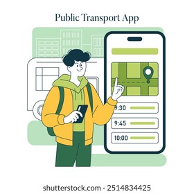 World Car Free Day concept. Illustration showcasing a person using a public transport app to navigate city buses, promoting eco-friendly travel. Vector illustration.