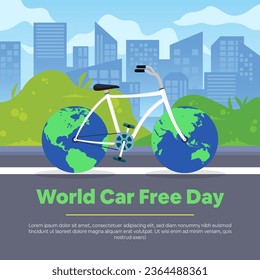 World Car Free Day Design. bicycle with world wheels and green and clean blue city background.