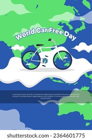 World Car Free Day Design. bicycle with world wheels and world map background.