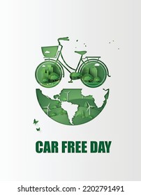 World Car free day with green bicycle on global.paper cut style