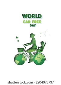 World Car free day with green bicycle on global.paper cut style