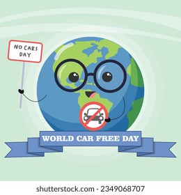 World Car Free Day Illustration Design with Lettering and Earth hold a Warning Board. Concept Design for Banner, Poster, Flyer, or Background