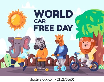 World car free day poster for kids animal riding bicycle elephant zebra giraffe and lion in fun shiny day