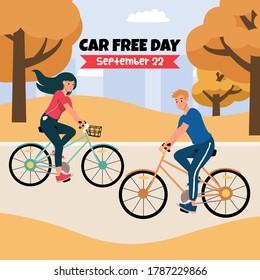 World car free day promotion social media template post. Man and woman cycling in the park. Cartoon flat style vector design