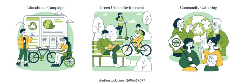 World Car Free Day set. Promoting sustainable transport with community engagement, educational initiatives, and urban greening. Awareness through collective action. Vector illustration.