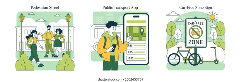 Conjunto del Día Mundial sin Automóviles. Vida Urbana con un enfoque en caminar, usar App para el transporte público y zonas sin automóviles. Concepto de ciudad sostenible. Ilustración vectorial.