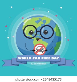 World Car Free Day Vector Design. Flat Vector Illustration with Earth Cartoon hold warning board.  For Flyer Design, Banner, Poster, or Background. 