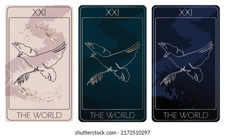 The World. A card of Major arcana one line drawing tarot cards. Tarot deck. Vector linear hand drawn illustration with occult, mystical and esoteric symbols. 3 colors. Proposional to 2,75x4,75 in.