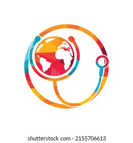 World care vector logo template. Globe sign and stethoscope doctor vector logo design template.	