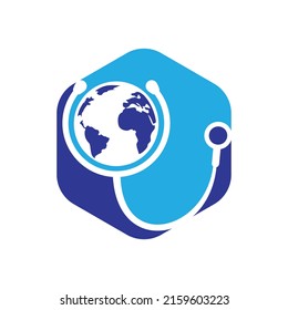 World care vector logo template. Globe sign and stethoscope doctor vector logo design template.	