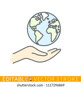 World in caring hand. Editable stroke sketch icon. Stock vector illustration.
