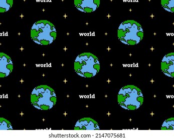 World cartoon character seamless pattern on black background.Pixel style