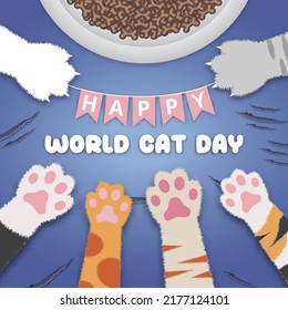 World cat day background with a greeting and decoration from kittens