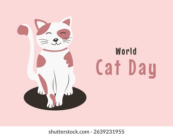 World Cat Day banner template. Postcard for the holiday. A cute white kitten. Pet Character in flat style. Vector illustration.