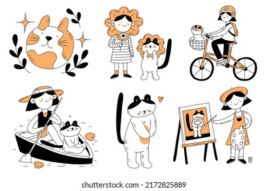 World cat day concept with girl and cat characters isolated set on white, hand drawn outline illustration with yellow color in minimal style.