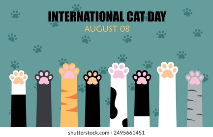 World Cat Day concept. Template design for background, Web banner, card, poster with cat paws. Vector illustration