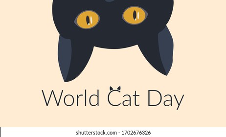 World Cat Day concept. Vector illustration of a top looking funny black cat. Pastel yellow color background. Banner, for the web, social networks.