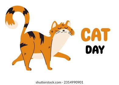 World Cat Day. Cute ginger cat. Pet, animal character. Vector illustration for Banner, for the web, social networks.