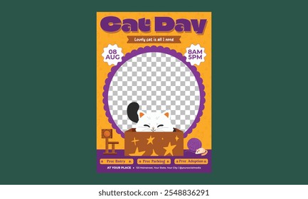 World Cat Day Flyer. International cat day, vector illustration, flyer, banner, social media post, poster, typography, icons, cat face, cat body shape