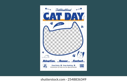 World Cat Day Flyer. International cat day, vector illustration, flyer, banner, social media post, poster, typography, icons, cat face, cat body shape