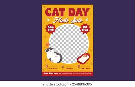 World Cat Day Flyer. International cat day, vector illustration, flyer, banner, social media post, poster, typography, icons, cat face, cat body shape