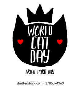 Día mundial del gato. Gran día de purrí. Ilustración vectorial en honor a la celebración del Día Internacional de los Gatos. Tarjeta de felicitación para los amantes del gato. Logo, etiqueta, emblema para la festividad de los gatos